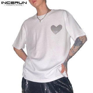 Incerun เสื้อยืดลําลอง แขนสั้น พิมพ์ลายหัวใจ ประดับเพชร ไล่โทนสี