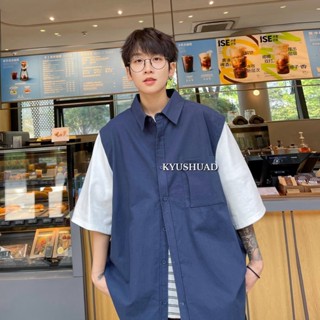 KYUSHUAD เสื้อเชิ้ตสองชิ้นปลอมลำลองระดับสูงหล่อ, เสื้อเชิ้ตแขนสั้นเครื่องมือช่างเมืองญี่ปุ่นสำหรับผู้ชาย,