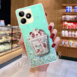 เคสโทรศัพท์มือถือ ลายการ์ตูนหมีชานมน่ารัก พร้อมขาตั้ง สําหรับ Realme C53 C55 NFC 10T 10 Pro+ Pro 5G 2023 Realme C53