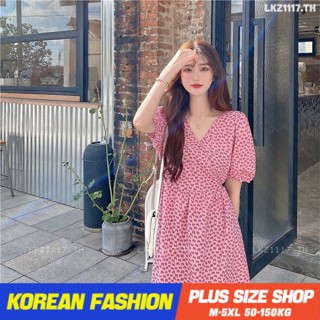 Plus size เสื้อผ้าสาวอวบ❤ เดรสสาวอวบอ้วน ไซส์ใหญ่ ผู้หญิง ชุดเดรสลายดอกไม้ ยาว แขนสั้น คอวี ย้อนยุค ฤดูร้อน สไตล์เกาหลีแฟชั่น