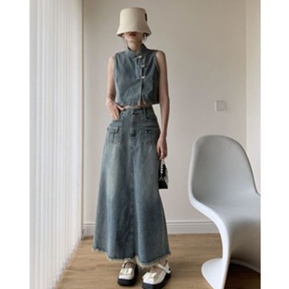 2023 summer vintage mid-color metal buckle collar short denim jacket long skirt suit