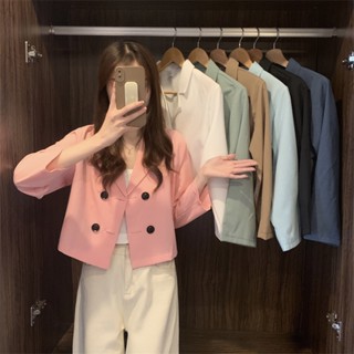 Chemisegrace✨พร้อมส่ง✨เสื้อแจ็คเก็ตสูทสั้น สีพื้น  เสื้อแฟชั่นผญ ใส่สบาย W230