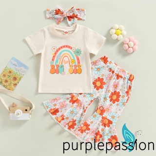 Purplepassion- ชุดเสื้อยืดแขนสั้น และกางเกงขาบาน พิมพ์ลายดอกไม้ สีรุ้ง แฟชั่นฤดูร้อน สําหรับเด็กผู้หญิง