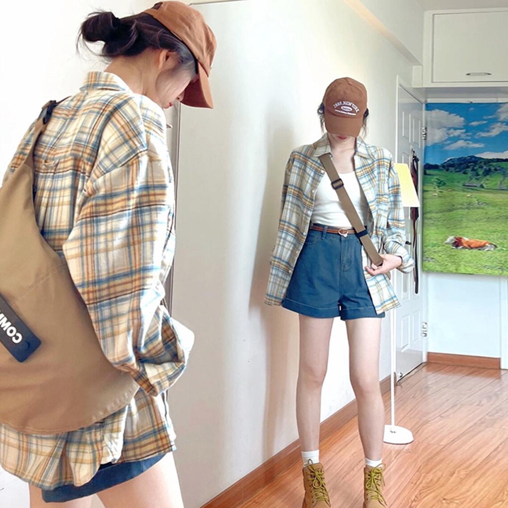 KOKO W235 เสื้อแขนยาวลายสก๊อตวินเทจผู้หญิง เสื้อป้องกันแสงแดดแบบโค้ทบาง สไตล์เกาหลี เสื้อทรงหลวมสุดชิค