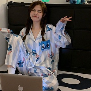 ชุดนอน เสื้อแขนยาว กางเกงขายาว ลายการ์ตูน Stitch น่ารัก ลายทาง แฟชั่นฤดูใบไม้ผลิ และฤดูใบไม้ร่วง สําหรับสตรี 2023