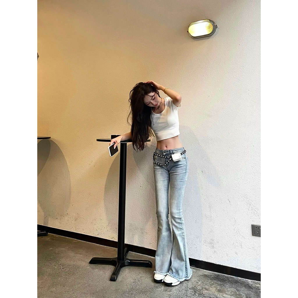 กางเกงยีนขาบาน เอวต่ํา ทรงสกินนี่ เอวต่ํา พร้อมกระเป๋า สีฟ้า สําหรับผู้หญิง Y2k - รูปที่ 6