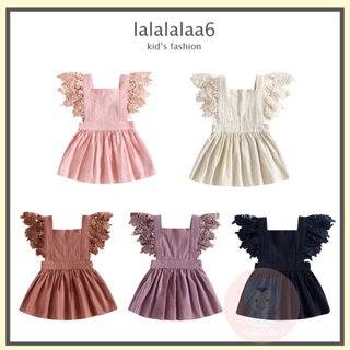 Laa6 ชุดเดรส คอสี่เหลี่ยม แขนแต่งลูกไม้ สีพื้น สําหรับเด็กผู้หญิง