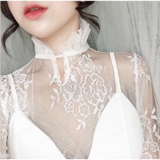 CCCC เสื้อผ้าไหมพรมลูกไม้เส้นผ่าศูนย์รอบคอแขนยาวเรียบหรู