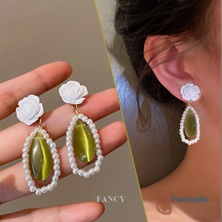 Fancy ใหม่ ต่างหูเข็มเงิน 925 ประดับมุก โอปอล ดอกไม้ สีเขียว หรูหรา สไตล์เรโทร