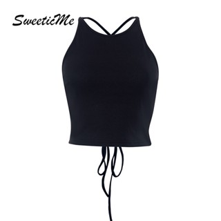 Sweeticme เสื้อกล้ามครอป เปิดหลังเซ็กซี่ สีพื้น แฟชั่นใหม่ สําหรับผู้หญิง 2023