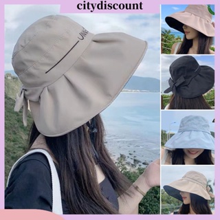 &lt;citydiscount&gt; หมวกบักเก็ต ประดับโบว์ พับได้ เนื้อนิ่ม กันลม สีดํา ป้องกันแสงแดด ปีกกว้าง ผู้หญิง ฤดูร้อน หมวกบังแดด อุปกรณ์เสริมกลางแจ้ง