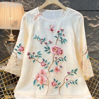 Fashion elegant luxury elegant heavy industry embroidered fresh top summer thin round neck all-match commuter shirt for women