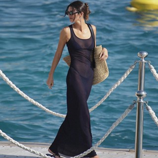 Secondly-kendall ชุดเดรสยาว แขนกุด ผ้าตาข่าย สีพื้น เหมาะกับเดินชายหาด แฟชั่นฤดูร้อน