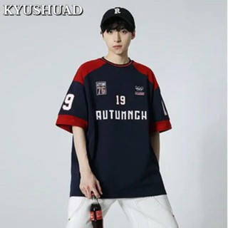 KYUSHUAD เสื้อแขน raglan สีตัดกันหลวมและไม่เป็นทางการ, เสื้อยืดแขนสั้นรถจักรยานยนต์หล่อของเยาวชนอเมริกัน,