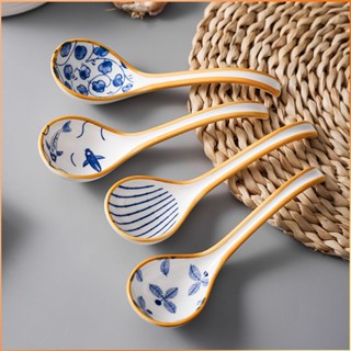 ซุปเซรามิกญี่ปุ่นด้ามยาวในครัวเรือน Gold Side Blue Leaf Spoon Tableware -FE