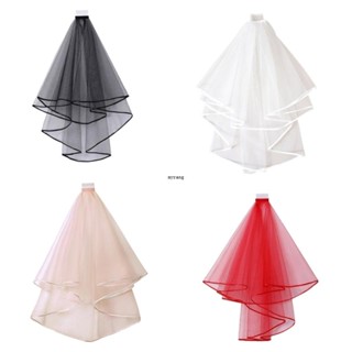 ✿ ผ้าตาข่ายสองชั้น Tulle สีพื้น ผู้หญิง สั้น ผ้าคลุมหน้าแต่งงาน พร้อมหวีริบบิ้น ขอบกลาง น้ําตก เจ้าสาว หูฟัง