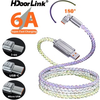 Hdoorlink สายชาร์จ USB Type C ชาร์จเร็วมาก 180° สายเคเบิล RGB 6A Micro USB หมุนได้ สําหรับ Samsung Xiaomi Oneplus LG Data Cord