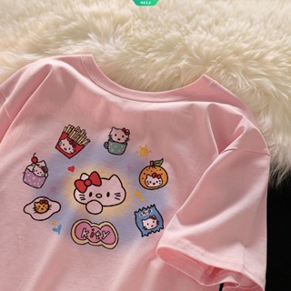 SANRIO เสื้อยืดแขนสั้น ผ้าฝ้าย พิมพ์ลาย Hello Kitty น่ารัก แฟชั่นฤดูร้อน สําหรับผู้หญิง 2023