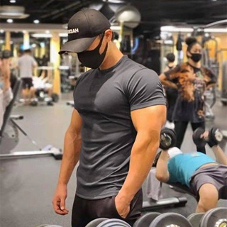 Muscle Brothers Summer Workout Short-Sleeved Mens Quick-Drying Tights Running Training Wear Sweat-Wicking Breathable High Elastic Bottoming Shirt UuhJ