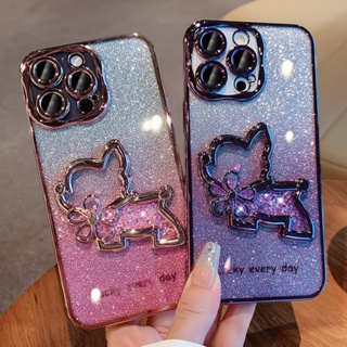 เคสโทรศัพท์มือถือ แบบใส แต่งกลิตเตอร์ ลายสุนัขไล่โทนสี สําหรับ iPhone 14 Pro Max 13 12 11