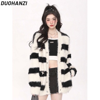 Duohanzi เสื้อคาร์ดิแกนกันหนาว ผ้าถัก ทรงหลวม ลายทาง