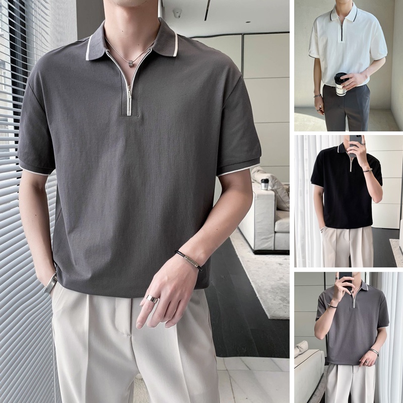 ✧ เสื้อโปโลลําลอง คอปก มีซิป สีพื้น สไตล์เกาหลี แฟชั่นฤดูร้อน สําหรับผู้ชาย SLC133