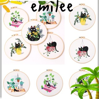 Emilee ชุดเย็บปักถักร้อย ลายแมวดํา น่ารัก ตกแต่งบ้าน DIY ห่วงเย็บปักถักร้อย ดอกไม้ หญ้า เย็บปักถักร้อย