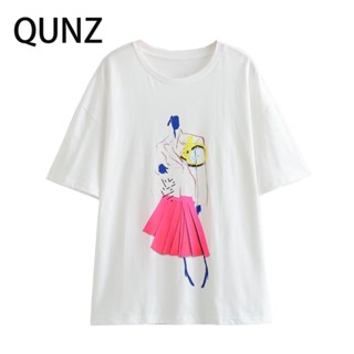 เสื้อเชิ้ต คอกลม แขนสั้น พิมพ์ลาย Qunz แฟชั่นสําหรับสตรี 135