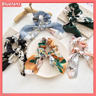 【 Bluelans 】ยางรัดผม ผ้าซาติน พิมพ์ลายดอกไม้ ประดับโบว์ เรียบลื่น ใส่ได้ทุกวัน