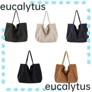 Eucalytus1 กระเป๋าช้อปปิ้ง ผ้าฝ้าย ผ้าลูกฟูก ขนาดใหญ่ สีพื้น สไตล์เรโทร สําหรับผู้หญิง