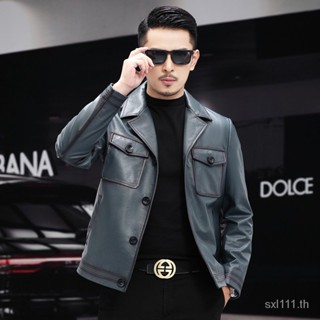 [New autumn] Haining first layer calf leather wax suit collar mens large size leather jacket motorcycle clothing short leather leather coat DPPA