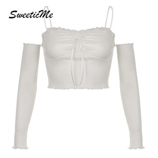 Sweeticme ใหม่ เสื้อกล้าม ลําลอง แขนสั้น ปักลายลูกไม้ สีพื้น แฟชั่นสําหรับสตรี 2023