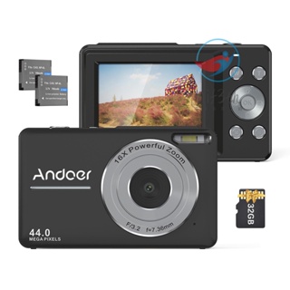 Andoer กล้องบันทึกวิดีโอดิจิทัล 1080P 44MP ออโต้โฟกัส หน้าจอ IPS 2.5 ซูม 16X กันสั่น จับใบหน้า กันสั่น พร้อมการ์ดหน่วยความจํา 32GB แบตเตอรี่ 2 ชิ้น