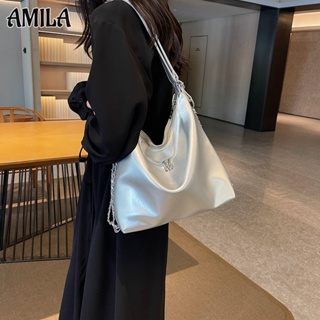 AMILA กระเป๋าถังหนังนิ่มสายโซ่ กระเป๋าสไตล์เกาหลี พื้นผิวขั้นสูง กระเป๋าใต้วงแขนลำลองอเนกประสงค์ ความจุสูง