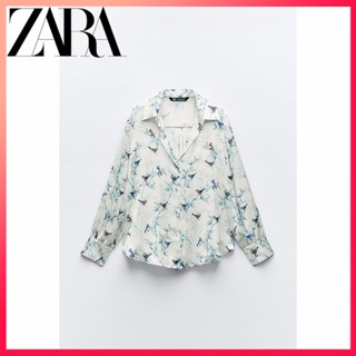 Zara ใหม่ เสื้อเชิ้ต ผ้าซาติน ผ้าไหม พิมพ์ลาย สําหรับผู้หญิง