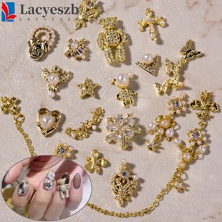 Lacyeszb จี้ไข่มุก เพทาย รูปหมี 3D สําหรับตกแต่งเล็บ DIY