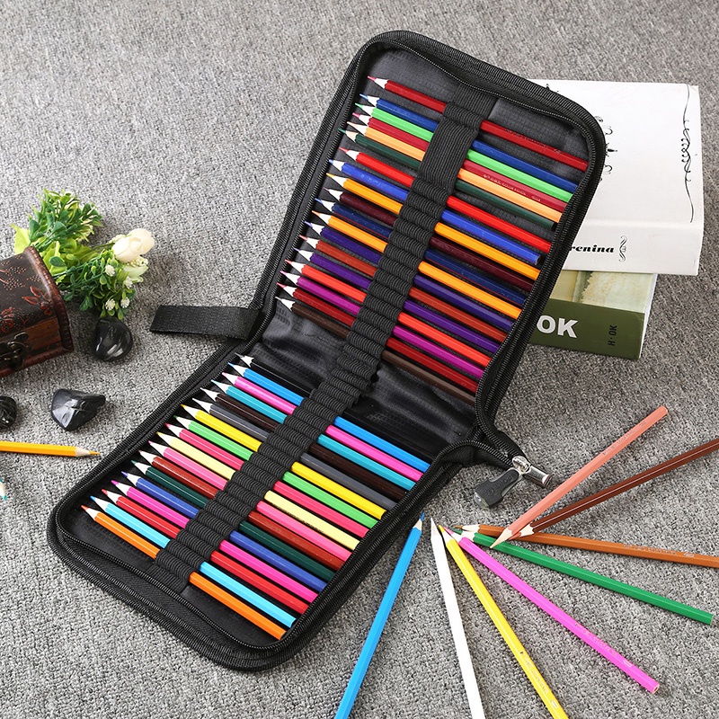 Angel Mark สีดํา Oxford พับซิปกระเป๋าดินสอสําหรับ 36/48/72/120 ดินสอ/Eraser/มีดผ้าใบเครื่องเขียน Storage