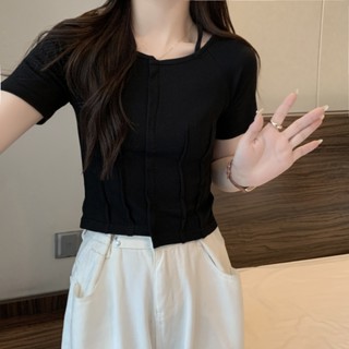 Suxi เสื้อยืดครอปท็อป แขนสั้น เข้ารูป สีพื้น แฟชั่นฤดูร้อน สําหรับผู้หญิง