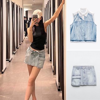 Zara Sets 23 เสื้อเชิ้ตยีน พิมพ์ลายเอฟเฟค สไตล์ใหม่ ฤดูใบไม้ผลิ + กระโปรงยีนส์3067031 8197044