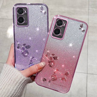 เคสซิลิโคน TPU นิ่ม แบบใส ปิดด้านหลัง ลายดอกกุหลาบ ประดับเพชรเทียม วิบวับ แฟชั่น สําหรับ Oppo A36 / A76 4G