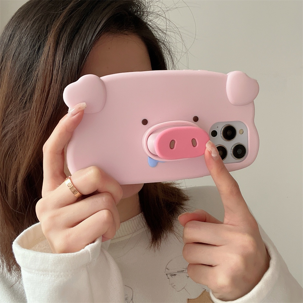 เคสโทรศัพท์มือถือ ซิลิโคนนิ่ม ลายหมูสีชมพู 3D พร้อมขาตั้ง สําหรับ IPhone 14 15 Pro MAX 15 14 13 12 Pro MAX 11 Pro 14 Plus XS MAX XR
