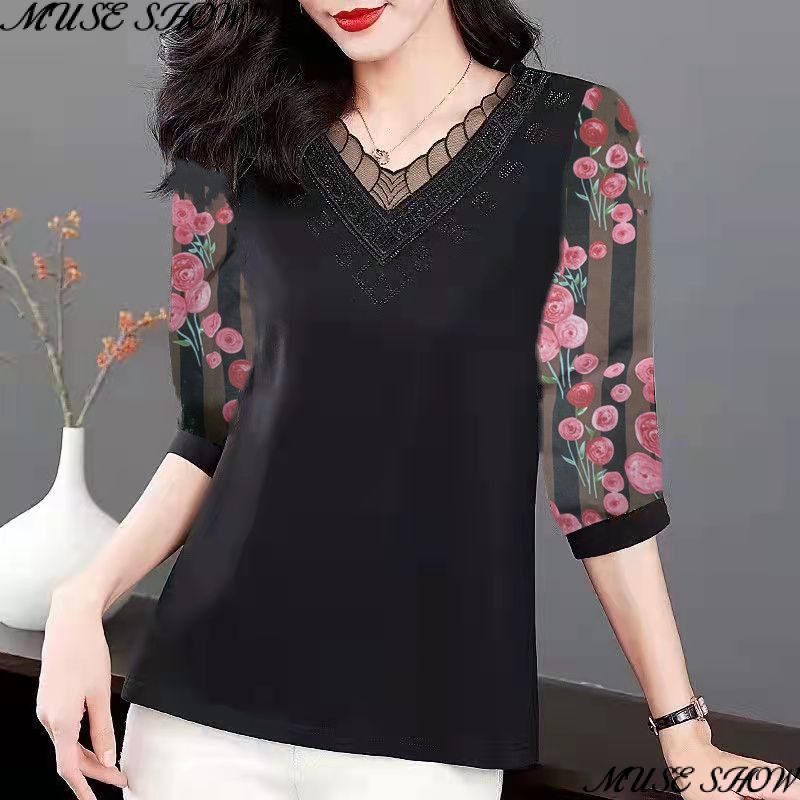 ใหม่ เสื้อยืดแขนสามส่วน ผ้าชีฟอง ทรงหลวม ประดับเพชร ขนาดใหญ่ เข้ากับทุกการแต่งกาย แฟชั่นฤดูใบไม้ผลิ และฤดูร้อน สําหรับผู้หญิงวัยกลางคน 2023 2023