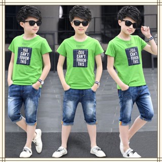 [เสื้อยืดคอตตอน 95% + กางเกงยีนส์] ชุดสูทแขนสั้นเด็กชาย Big Boy Summer Two-Piece Set