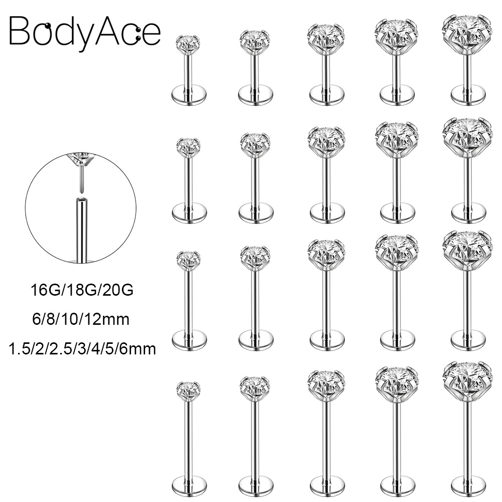 Bodyace 1 ชิ้น สไตล์ปลั๊กอิน สเตนเลส ลิปสตั๊ด เจาะกระดูกอ่อน คริสตัล ต่างหู Tragus Conch Helix เจาะ