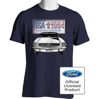 ขายดี เสื้อยืด ผ้าฝ้าย พิมพ์ลายรถยนต์ American Car Mustang 1964 สีน้ําเงิน สําหรับผู้ชาย 533414