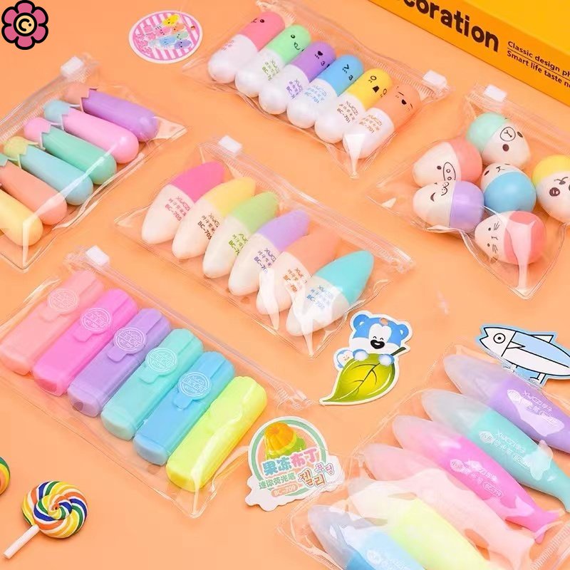 6 ชิ้น Highlighter ปากกาน่ารัก Mini Pill รูปปากกาลูกลื่นแบบพกพาเขียนน่ารัก Marker ปากกาเครื่องเขียนส