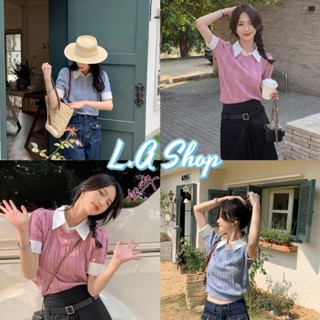 L.A Shop พร้อมส่ง เสื้อไหมพรม2ชั้นติดกัน คอปกแขนสั้น ลายเปีย "50062-3"