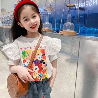 【Girl Tshirt】เสื้อยืดแขนสั้น ผ้าฝ้าย พิมพ์ลายภาพวาด สไตล์เกาหลี แฟชั่นฤดูร้อน สําหรับเด็กผู้หญิง (1-11 ปี)