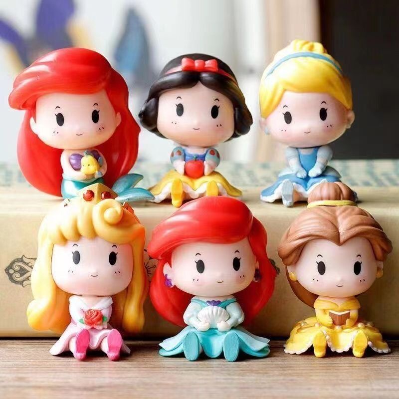 โมเดลตุ๊กตาฟิกเกอร์ PVC เจ้าหญิงดิสนีย์ Q Version Snow White Cinderella Ariel Bella Aurora สําหรับตกแต่งเค้ก 6 ชิ้น ต่อชุด