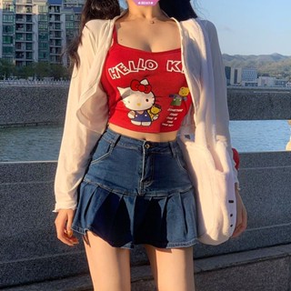 Sanrio Hello Kitty เสื้อสายเดี่ยว ผู้หญิง ฤดูร้อน สลิง เซ็กซี่ ชุดชั้นใน ไร้รอยต่อ เซ็กซี่ แขนกุด เสื้อกล้าม อะนิเมะ ยกทรง เปิดหลัง เสื้อครอป